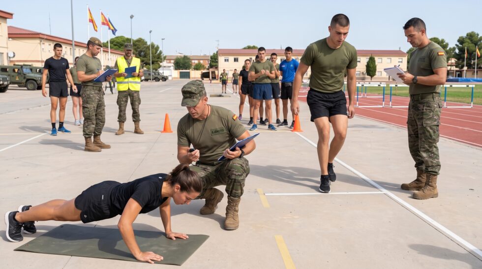 Aspirantes realizando las pruebas físicas en la pista, con instructores controlando